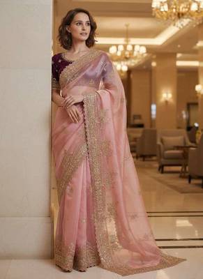 Pink satin embroidered thread work heavy look ethnic saree with blouse 4