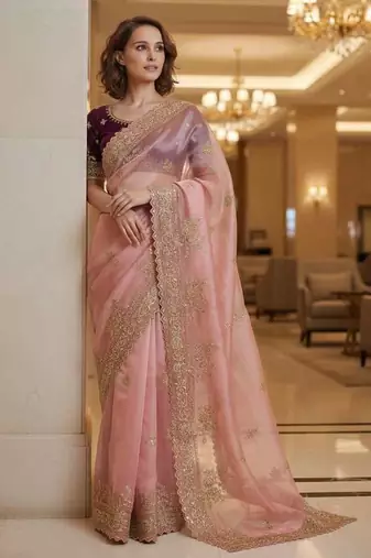 Pink satin embroidered thread work heavy look ethnic saree with blouse