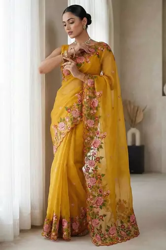 Multicolor dupion silk embroidered thread work heavy look ethnic saree with blouse