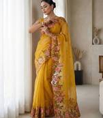 Multicolor dupion silk embroidered thread work heavy look ethnic saree with blouse