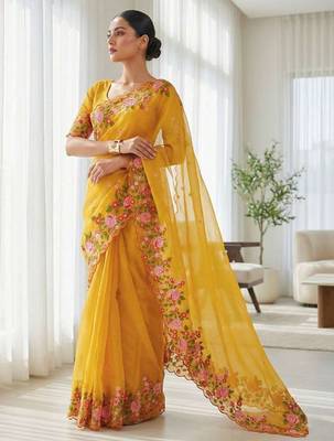 Multicolor dupion silk embroidered thread work heavy look ethnic saree with blouse 2