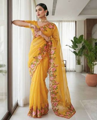 Multicolor dupion silk embroidered thread work heavy look ethnic saree with blouse 3