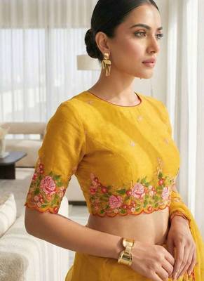 Multicolor dupion silk embroidered thread work heavy look ethnic saree with blouse 4