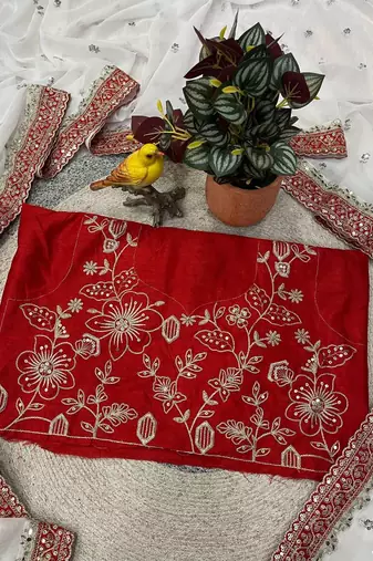 Red faux georgette embroidered sequins work heavy look ethnic saree with blouse