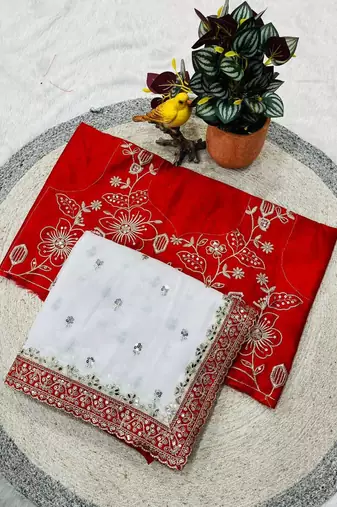 Red faux georgette embroidered sequins work heavy look ethnic saree with blouse