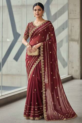 Maroon velvet embroidered thread work heavy look ethnic saree with blouse