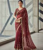 Maroon velvet embroidered thread work heavy look ethnic saree with blouse