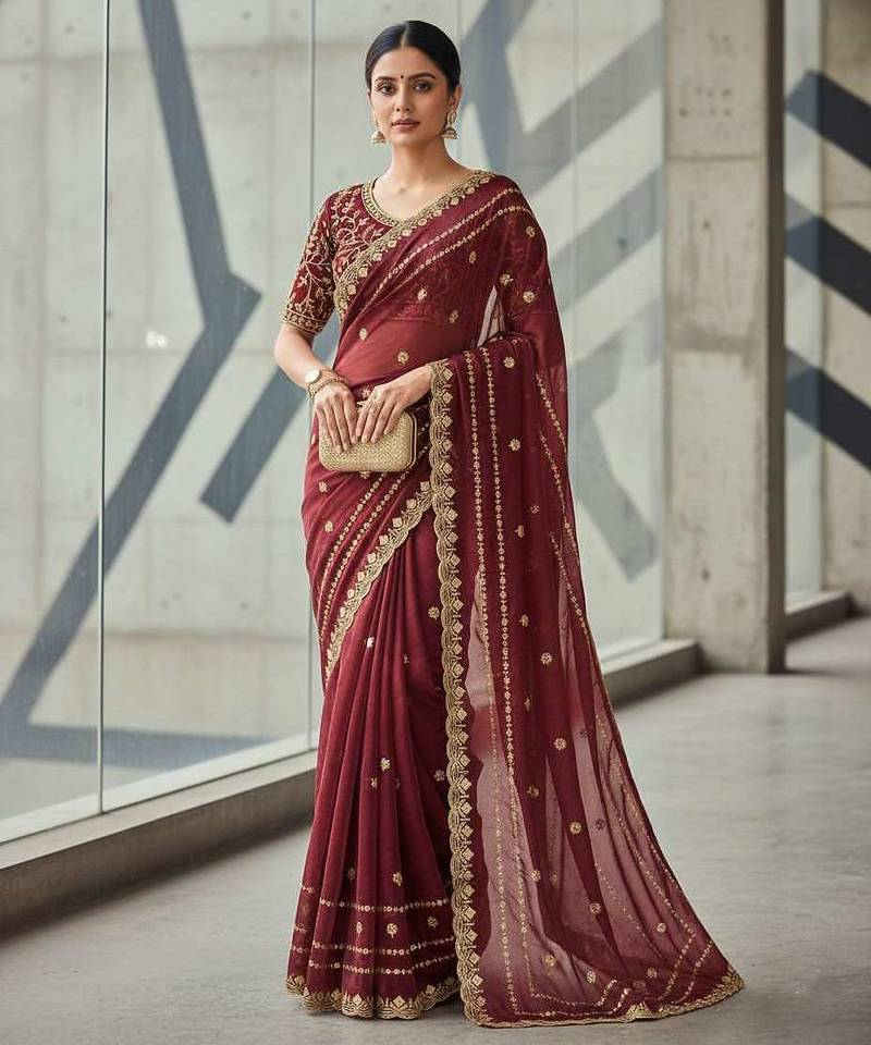 Maroon velvet embroidered thread work heavy look ethnic saree with blouse