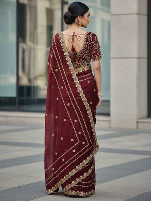 Maroon velvet embroidered thread work heavy look ethnic saree with blouse 3