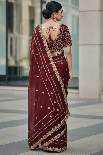 Maroon velvet embroidered thread work heavy look ethnic saree with blouse
