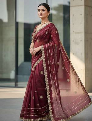 Maroon velvet embroidered thread work heavy look ethnic saree with blouse 4