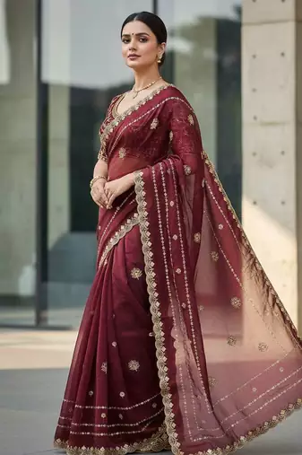 Maroon velvet embroidered thread work heavy look ethnic saree with blouse