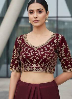 Maroon velvet embroidered thread work heavy look ethnic saree with blouse 5