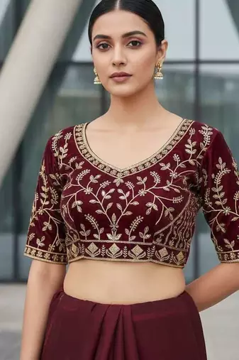 Maroon velvet embroidered thread work heavy look ethnic saree with blouse