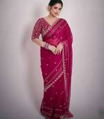 Pink velvet embroidered thread work heavy look ethnic saree with blouse