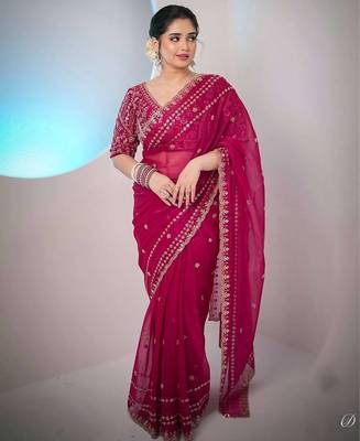 Pink velvet embroidered thread work heavy look ethnic saree with blouse 2