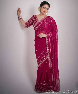 Pink velvet embroidered thread work heavy look ethnic saree with blouse 3