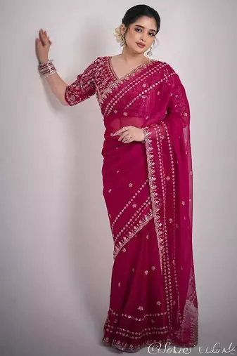 Pink velvet embroidered thread work heavy look ethnic saree with blouse