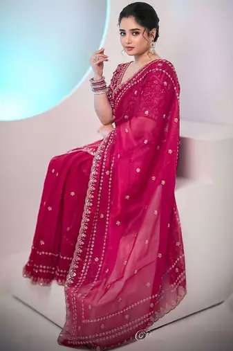 Pink velvet embroidered thread work heavy look ethnic saree with blouse
