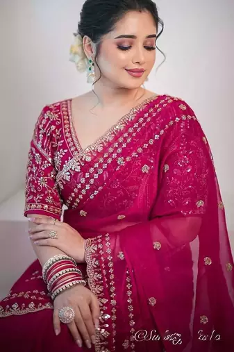 Pink velvet embroidered thread work heavy look ethnic saree with blouse