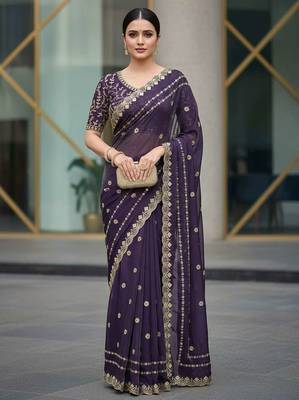 Purple velvet embroidered thread work heavy look ethnic saree with blouse 1