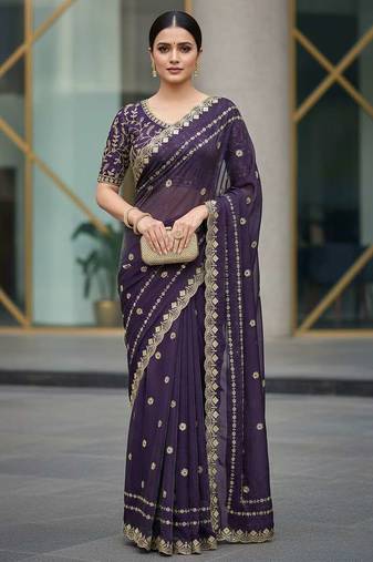 Purple velvet embroidered thread work heavy look ethnic saree with blouse