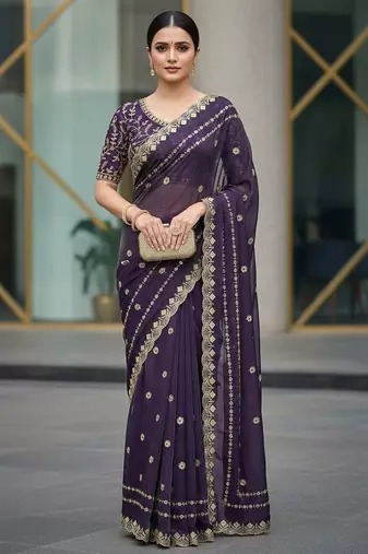 Purple velvet embroidered thread work heavy look ethnic saree with blouse