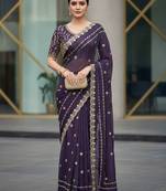 Purple velvet embroidered thread work heavy look ethnic saree with blouse