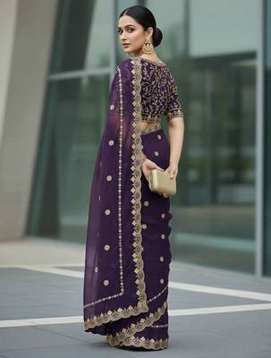 Purple velvet embroidered thread work heavy look ethnic saree with blouse 2