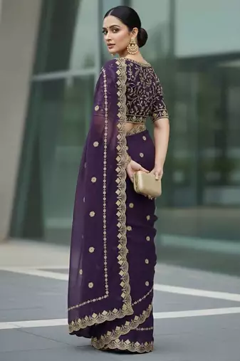 Purple velvet embroidered thread work heavy look ethnic saree with blouse