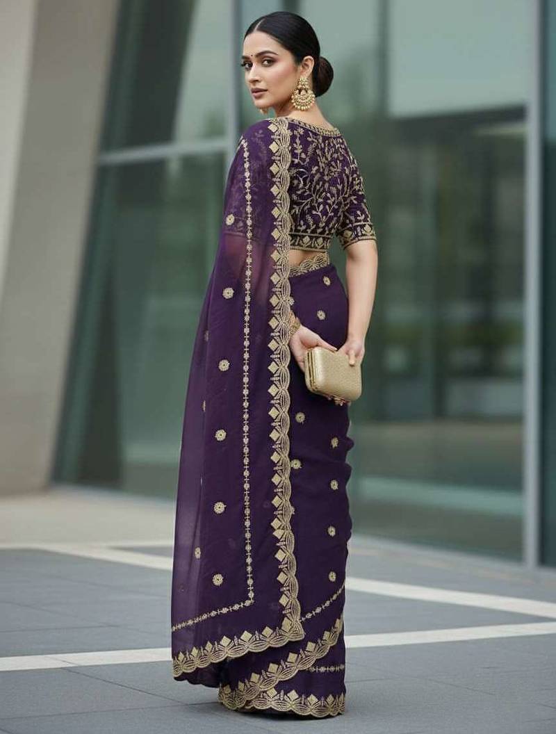Purple velvet embroidered thread work heavy look ethnic saree with blouse