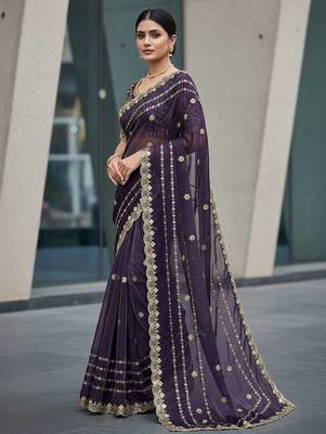 Purple velvet embroidered thread work heavy look ethnic saree with blouse 3