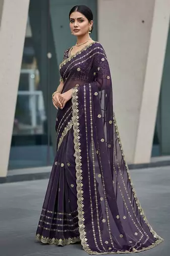 Purple velvet embroidered thread work heavy look ethnic saree with blouse