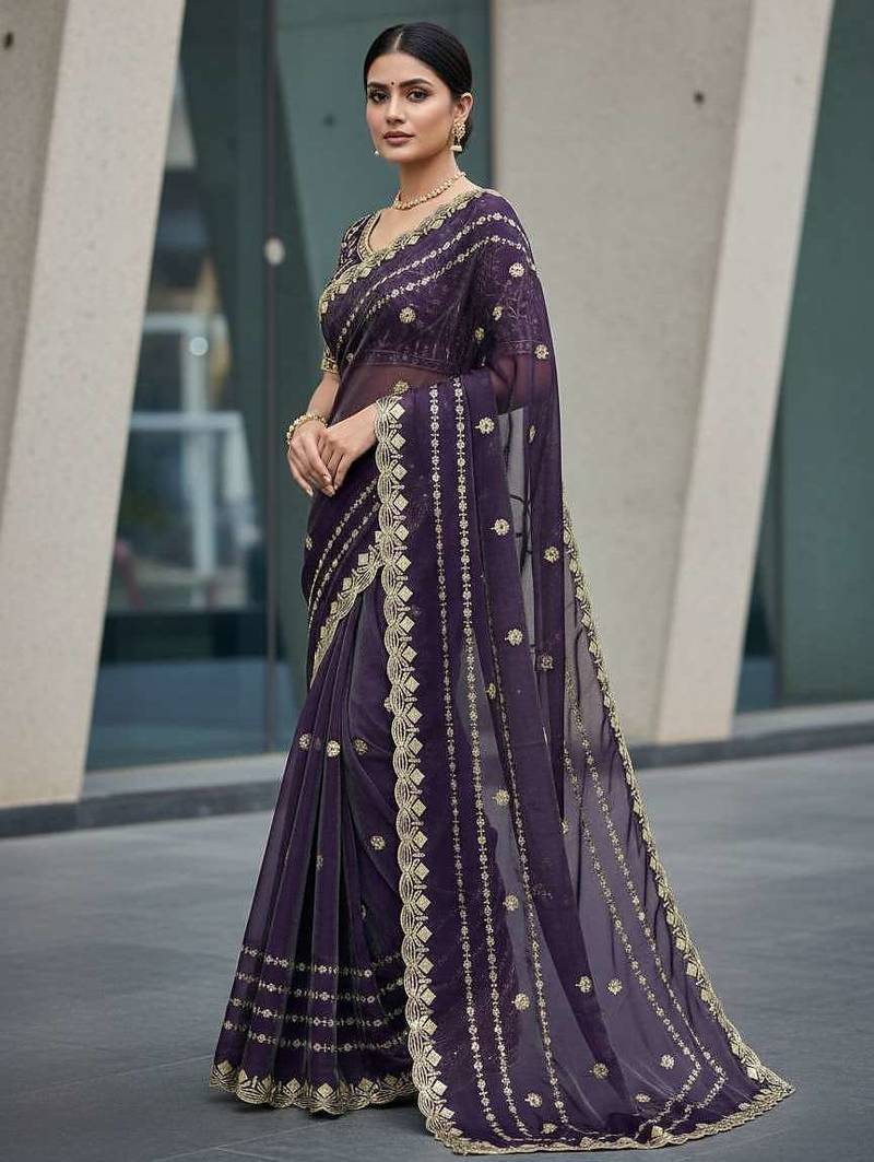 Purple velvet embroidered thread work heavy look ethnic saree with blouse