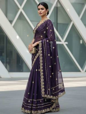Purple velvet embroidered thread work heavy look ethnic saree with blouse 4