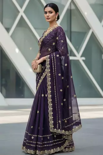 Purple velvet embroidered thread work heavy look ethnic saree with blouse