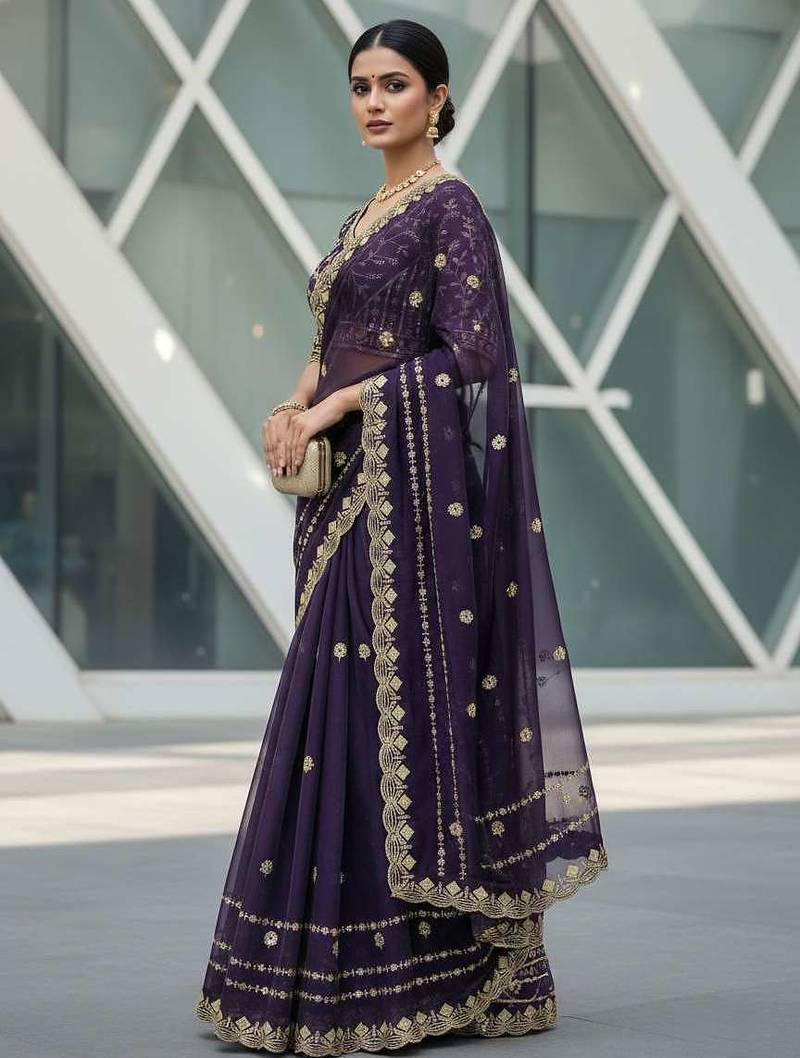 Purple velvet embroidered thread work heavy look ethnic saree with blouse