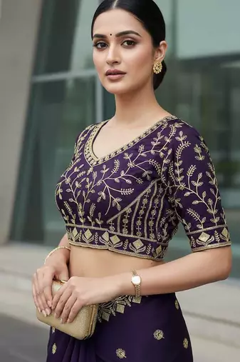 Purple velvet embroidered thread work heavy look ethnic saree with blouse