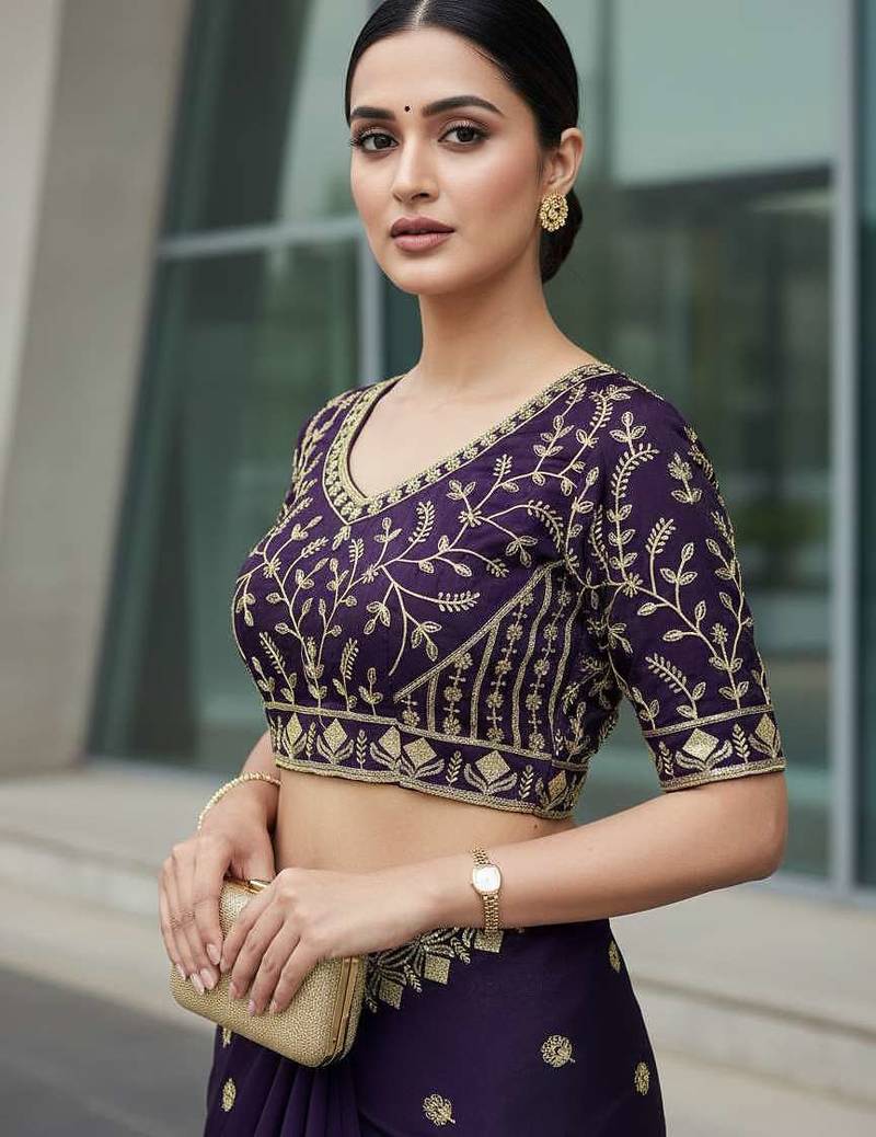 Purple velvet embroidered thread work heavy look ethnic saree with blouse
