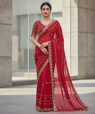 Red velvet embroidered thread work heavy look ethnic saree with blouse 1