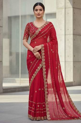 Red velvet embroidered thread work heavy look ethnic saree with blouse