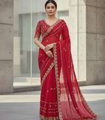 Red velvet embroidered thread work heavy look ethnic saree with blouse