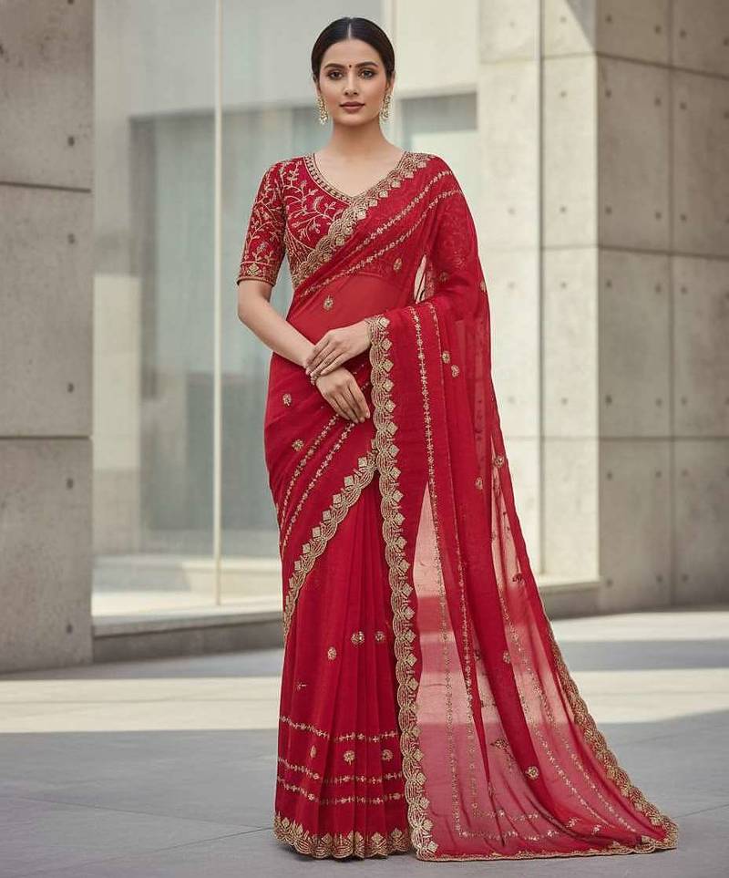 Red velvet embroidered thread work heavy look ethnic saree with blouse