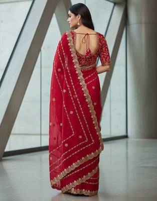 Red velvet embroidered thread work heavy look ethnic saree with blouse 2