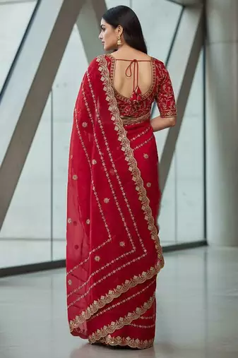 Red velvet embroidered thread work heavy look ethnic saree with blouse