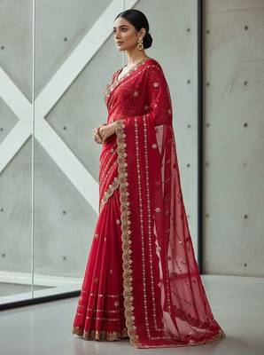 Red velvet embroidered thread work heavy look ethnic saree with blouse 3