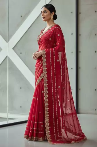 Red velvet embroidered thread work heavy look ethnic saree with blouse