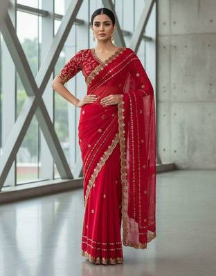Red velvet embroidered thread work heavy look ethnic saree with blouse 4
