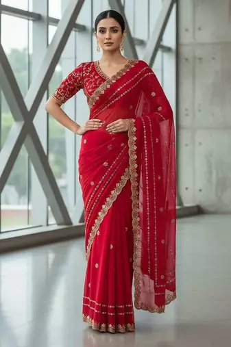 Red velvet embroidered thread work heavy look ethnic saree with blouse