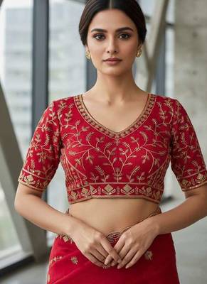 Red velvet embroidered thread work heavy look ethnic saree with blouse 5